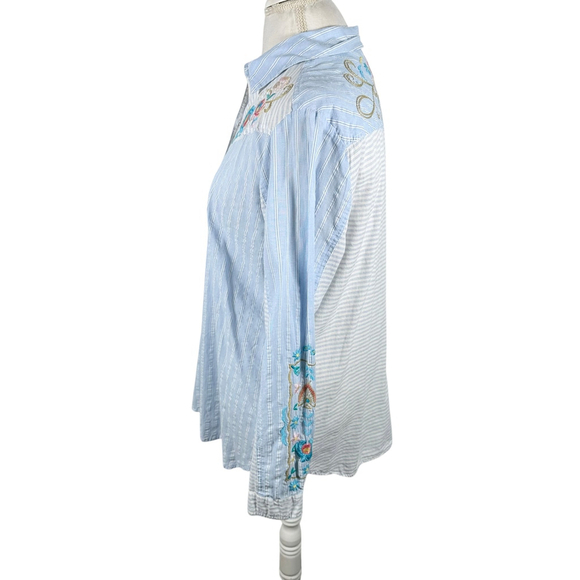 Johnny Was 3J Workshop Western Shirt pearl snap Striped Floral Embroidery Size M - Picture 6 of 11